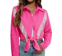 MYMORE Womens Rhinestone Fringe Cropped Button Down Shirt Rolled 3/4 Sleeve Tie Front Top Western Cowgirl Rodeo Outfit, 01_pink, 3XL