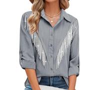 MYMORE Womens Sparkly Fringe Button Down Shirt Rolled 3/4 Sleeve Top Country Concert Nashville Western Cowgirl Outfit, R_Gray, XXL