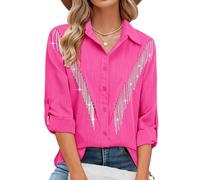 MYMORE Womens Sparkly Fringe Button Down Shirt Rolled 3/4 Sleeve Top Country Concert Nashville Western Cowgirl Outfit, B_pink, XL