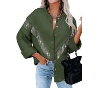 MYMORE Women's Sparkly Rhinestone Fringe Shacket Jacket Waffle Glitter Tassel Shirt Western Cowgirl Country Concert Outfits, Army Green, M