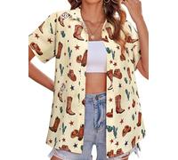 MYMORE Women's Western Cowgirl Button Up Shirt Vintage Print Short Sleeve Hawaiian Shirt Top Cute Country Concert Outfit, 02_apricot_cowgirl Boot, M