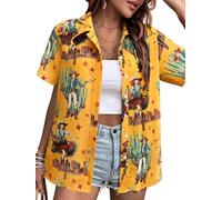 MYMORE Women's Western Cowgirl Button Up Shirt Vintage Print Short Sleeve Hawaiian Shirt Top Cute Country Concert Outfit, 04_Yellow_cowgirl2, L