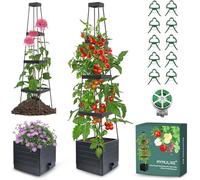MYMULIKE Raised Garden Bed Planter Box with Trellis,Tomato Cage Planter Raised Garden Bed with Trellis for Climbing Vegetables Plants Tomato Cage w/Self-Watering, Indoor Outdoor Use (1, Black)