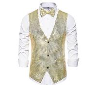 Mymyguoe Casual Men's Sequin Vest with V-Neck Suit Vests Glitter Vest Shiny Rave Outfit 70s Sleeveless Suit Vest Glitter Business Vest V Neck Gilet Disco Dance Costume, gold, XL