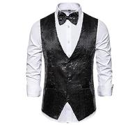 Mymyguoe Casual Men's Sequin Vest with V-Neck Suit Vests Glitter Vest Shiny Rave Outfit 70s Sleeveless Suit Vest Glitter Business Vest V Neck Gilet Disco Dance Costume, black, XL