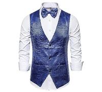 Mymyguoe Casual Men's Sequin Vest with V-Neck Suit Vests Glitter Vest Shiny Rave Outfit 70s Sleeveless Suit Vest Glitter Business Vest V Neck Gilet Disco Dance Costume, blue, XL