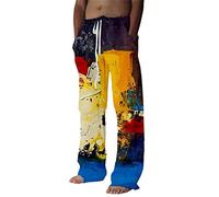 Mymyguoe Colourful Linen Trousers Men's Graffiti Batik Jogging Bottoms Cotton Linen Comfortable Training Trousers Wide Sweatpants Fitness Yoga Trousers Men Casual Trousers Beach Trousers Outdoor