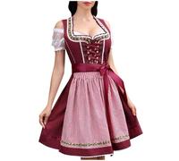 Mymyguoe Dirndl Women's Short 3-Piece Dirndl Complete Set for Oktoberfest Special Occasions Midi Costume Dress Costume Fashion Dress Checked Dirndl Dress with Apron Costume Skirt Dirndl Dresses, red