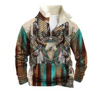 Mymyguoe Fleece Pullover Men's Vintage Western Winter Jumper Sweatshirts Stand-Up Collar Fashion Hip Hop Long Cowboy Retro Indian Ethnic Totem Top Native American Print, Green, 3XL