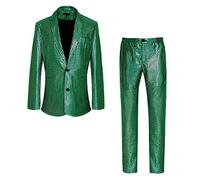 Mymyguoe Glitter Jacket Set Men's Metallic Sequin Suits 70s Disco Costume Including Shiny Jacket and Trousers Metallic Sequins Theme Party Elegant Men's Suits Carnival Costume, Green, S