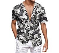 Mymyguoe Halloween Shirt Men's Summer Shirt Horror Skull Printed Blouse Lapel Button Short Sleeve Party Shirt Lightweight Summer Shirt Casual Men's Shirt Comfortable Casual Shirt Holiday Beach Shirt