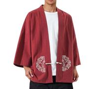 Mymyguoe Japanese Kimono Men's Traditional Sakura Print Shirt Jacket Nightdress Bathrobe Casual Sleepwear Cardigan Samurai Yukata Cotton Linen Coat Linen Shirt Transition Jacket, red, M