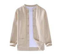 Mymyguoe Linen Shirt Men's Chinese Kung Fu Clothing Cotton Linen Stand-Up Collar Shirt Traditional Chinese Linen Shirts Linen Jacket Tai Chi Qigong Wing Chun Shaolin Taekwondo Shirt, beige, L