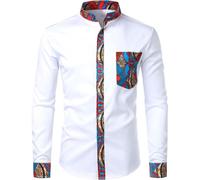 Mymyguoe Mandarin Collar Shirts Men's Africa Print Long Sleeve Shirts Fit Slim Button Blouse Top African Nobility Clothing Slim Fit Long Sleeve Casual Shirt Party Shirt For Men Basic T-Shirt, White, M