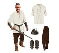 Mymyguoe Medieval Costume Men's - Pack of 5 Pirate Lace-Up Shirt Renaissance Viking Costume Vintage Pirate Costume Steampunk Pirate Shirt with Accessories Viking Trousers Bracers PU Leather O-Ring