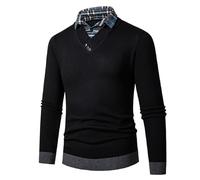 Mymyguoe Men's False Winter Pullover 2 in 1 Knitted Jumper Plain Sweatshirt Top Simple Casual Cardigan Sweatshirt with Shirt Collar Mock Jumper Sweater Knitted Jumper, black, XXL