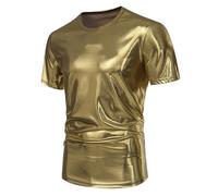 Mymyguoe Men's Metallic Shiny Shirt Solid Golden T Shirts Short Sleeve Muscle Shirt Round Neck Dance Disco Night Club 70s 80s Disco Costume Carnival Costume Tops for Clubwear, gold, XXL