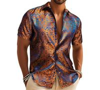 Mymyguoe Paisley Shirt Men's Satin Shirt Casual Regular Fit Party Shirt Hawaiian Shirt Breathable Soft Shirt Jacquard Business Shirt Short Sleeve Paisley Shirt Button Down Elegant Casual Shirt, orange