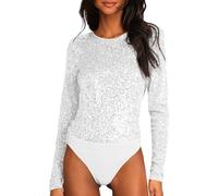 Mymyguoe Sequin Jumpsuit Long Sleeve Sequin Bodysuit for Women Sparkly Tops Bodysuit Sexy Glitter Ballet Suit Ballet Body Sport Dance Body Leotard Jersey Long Sleeve, silver, M
