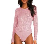 Mymyguoe Sequin Jumpsuit Long Sleeve Sequin Bodysuit for Women Sparkly Tops Bodysuit Sexy Glitter Ballet Suit Ballet Body Sport Dance Body Leotard Jersey Long Sleeve, pink, L