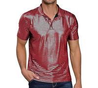 Mymyguoe Sequin Polo Shirts Men's Short Sleeve Shiny Glitter Polo Shirt Nightclub Style Performance Polo T-Shirts 70s 80s Costume Rave Outfit Carnival Costume Glitter Shirt Sequin Shirt, red, XL