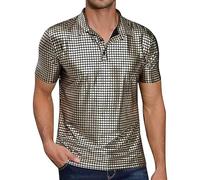 Mymyguoe Sequin Polo Shirts Men's Short Sleeve Shiny Glitter Polo Shirt Nightclub Style Performance Polo T-Shirts 70s 80s Costume Rave Outfit Carnival Costume Glitter Shirt Sequin Shirt, yellow, XL