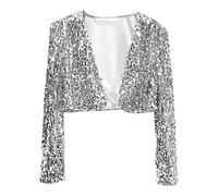 Mymyguoe Shiny Sequin Jacket Women's Bolero Shrug Cardigan Short Knit Jacket Open Long Sleeve Tops For Evening Dress Cropped Tops Sheer Shrugs Tops Shoulder Jacket Glitter Cropped Bolero Jacket