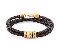 MyNameNecklace MYKA Personalised Genuine Leather Braided Black or Brown Bracelet with Small Custom Engraved Beads for Men - Engrave any Name Jewellery for Fathers (Vermeil Plated w/Brown Leather)