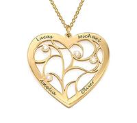 MyNameNecklace MYKA Personalised Necklace with Diamonds Engraved Heart Family Tree Customised Script Name Inscription Pendant for Women Mothers Girlfriend Wife Her Mum Grandma (18ct Gold Plating)