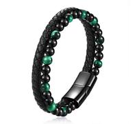 MYNENEY Stainless steel tiger eye stone cuff leather bracelet with bead, hand woven double-layer men's bracelet, 8.3in, Stainless Steel, no gemstone