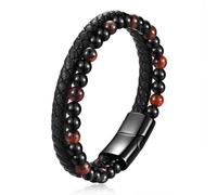 MYNENEY Stainless steel tiger eye stone cuff leather bracelet with bead, hand woven double-layer men's bracelet, 8.3in, Stainless Steel, no gemstone