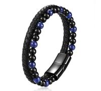 MYNENEY Stainless steel tiger eye stone cuff leather bracelet with bead, hand woven double-layer men's bracelet, 8.3in, Stainless Steel, no gemstone
