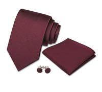 MYNPHYNA 3 Piece Set Men's Solid Color Neck Tie and Pocket Square Cufflinks Formal, Burgundy, Regular