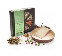 MYO Christmas Chocolate Pizza Kit, inc. milk chocolate buttons, red and green candy drops, vanilla fudge milk and white curls and reindeer plaque to decorate with | The Gourmet Chocolate Pizza Company