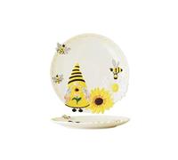 MYOLIO Dinner Plate, Sunflower Bee Design Hand-Painted Relief Yellow Cute Lunch Plate for Beef Steak Dessert Pasta, 2 Pieces(B)