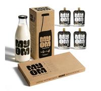 MYOM Barista Oat Milk-Free Premix Starter Pack & Glass Bottle - Makes 4L | Four 130g barista pouches plus a 950ml glass bottle. Add water, shake, chill, froth to 65C
