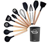 MYOTTPRO Silicone Kitchen Utensils Set, 12 Pcs Cooking Utensil Pack for Nonstick Cookware with Wooden Handles, Heat Resistant Silicone Coated Cooking Tools with Turner Tongs Spatula Slotted Spoon