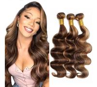 MYouan Honey Blonde Highlight Body Wave 3 Bundles Human Hair 14 16 18 Inch 12A 100% Virgin Brazilian Weaves P4/27 Ombre Brown Human Hair Weft Sew In Soft Remy Hair(14 16 18Inch)