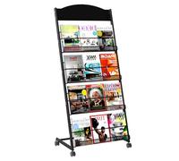 MYOYAY 1.5M Floor-Standing Magazine Rack 4-tier Newspaper Holder Book Display Shelf, Magazine Holder with Wheels,Literature Display Stand with 4 Pockets for Exhibitions Malls Hospitals Offices