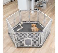 MyPet Petyard Protect Bundle: Freestanding 6-Panel Light Gray Pet Yard with Lockable Pet Door and Graphite SecureMat for Pets, Indoor/Outdoor Portable Dog Pen
