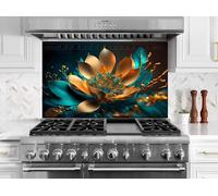 Myphotostation 101.5x51cm Golden Lotus Bloom Teal & Gold Printed Toughened Glass Splashback for Kitchen, Tempered Heat Resistant Glass Splashbacks for Cookers