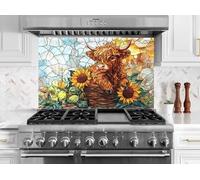 Myphotostation 101.5x51cm Stained Highland Cow Glass Splashback for stove Tempered Glass Backsplash, Glass Backguards For Kitchen, Stove Wall Protector, Cooker Wall Panel, Stove Back Cover