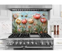 Myphotostation 120x48cm Tulip and Bee Stained Glass Splashback for stove Tempered Glass Backsplash, Glass Backguards For Stove Wall Protector, Cutting Board, Cooker Wall Panel, Stove Back Cover