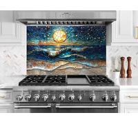 Myphotostation 122x61cm Stained Ocean Moon Glass Splashback for stove Tempered Glass Backsplash, Glass Backguards For Kitchen, Stove Wall Protector, Cooker Wall Panel, Stove Back Cover