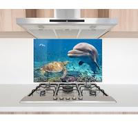 Myphotostation 127x85cm Ocean Companions Dolphin and Turtle Glass Splashback for stove Tempered Glass Backsplash, Glass Backguards For Kitchen, Cooker Wall Panel, Stove Back Cover