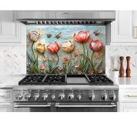 Myphotostation 50x35cm Tulip and Bee Stained Glass Splashback for stove Tempered Glass Backsplash, Glass Backguards For Stove Wall Protector, Cutting Board, Cooker Wall Panel, Stove Back Cover