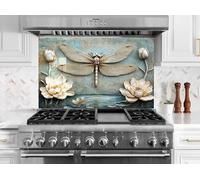 Myphotostation 60x60cm Lotus with Dragonfly Glass Splashback for stove Tempered Glass Backsplash, Glass Backguards For Stove Wall Protector, Cutting Board, Cooker Wall Panel, Stove Back Cover