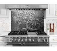 Myphotostation 63.5x30.5cm Black Tree of Life Glass Splashback for stove Tempered Glass Backsplash, Glass Backguards For Kitchen, Stove Wall Protector, Cutting Board, Cooker Wall Panel