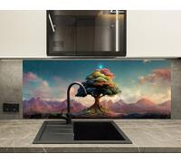 Myphotostation 63.5x30.5cm Mystical Tree of Life in Mountains Glass Splashback for stove Tempered Glass Backsplash, Glass Backguards For Kitchen, Cooker Wall Panel, Stove Back Cover