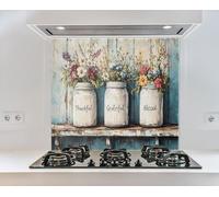Myphotostation 76x38 cm Thankful, Grateful, Blessed Rustic Floral Jar Glass Kitchen Splashback Tempered Glass Splashback for Kitchen, Stove Wall Protector, Cooker Wall Panel, Stove Back Cover